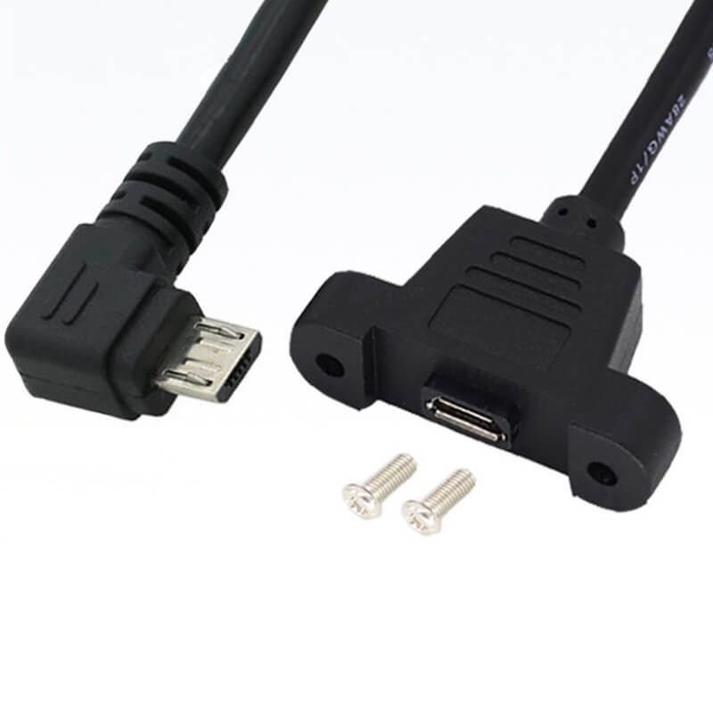 Micro USB Male Left Angled To Micro USB Female Panel Mount Cable
